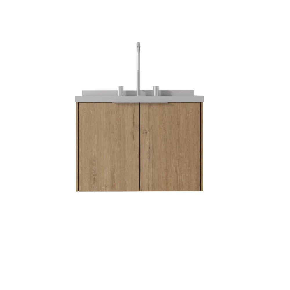 24" Brown Wood Floating Double Door Bathroom Vanity With White Sink