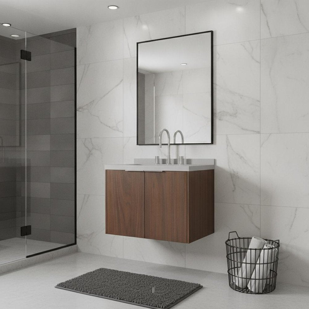 24" Brown Wood Floating Double Door Bathroom Vanity With White Sink