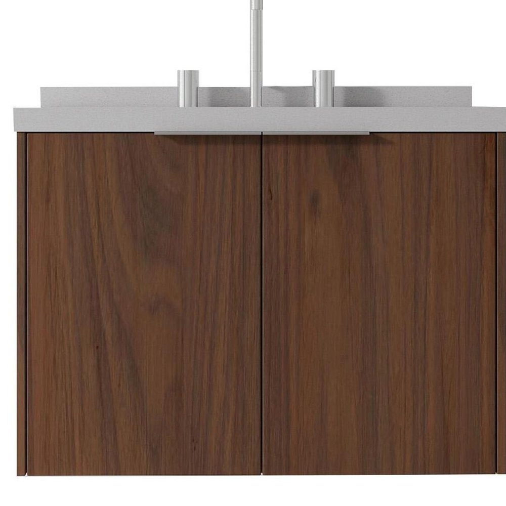 24" Brown Wood Floating Double Door Bathroom Vanity With White Sink