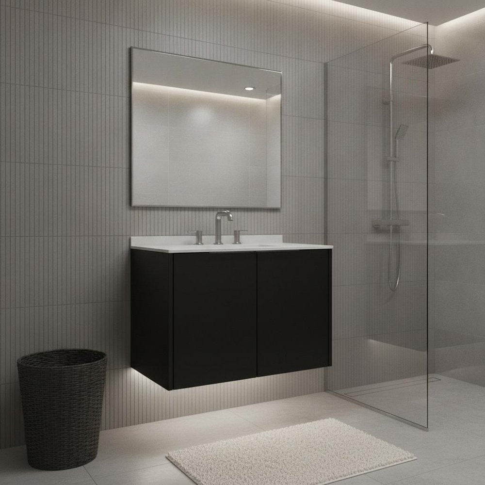 30" Black Wood Floating Double Door Bathroom Vanity With White Sink