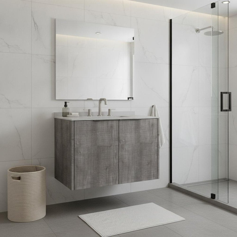 30" Gray Wood Floating Double Door Bathroom Vanity With White Sink