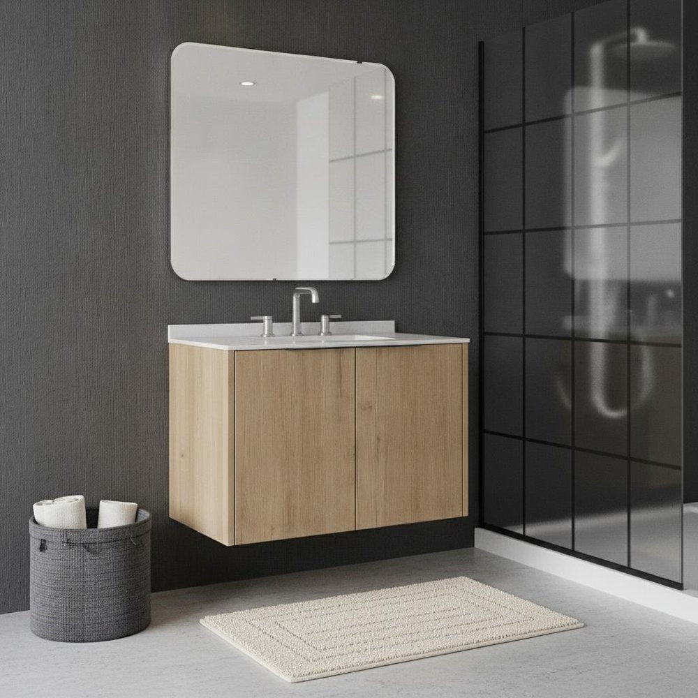 30" Brown Wood Floating Double Door Bathroom Vanity With White Sink