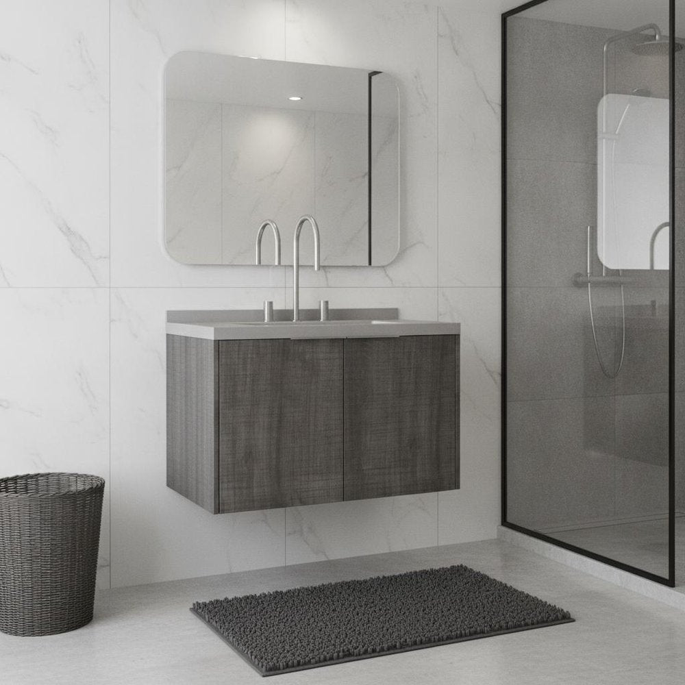 30" Gray Wood Floating Double Door Bathroom Vanity With White Sink