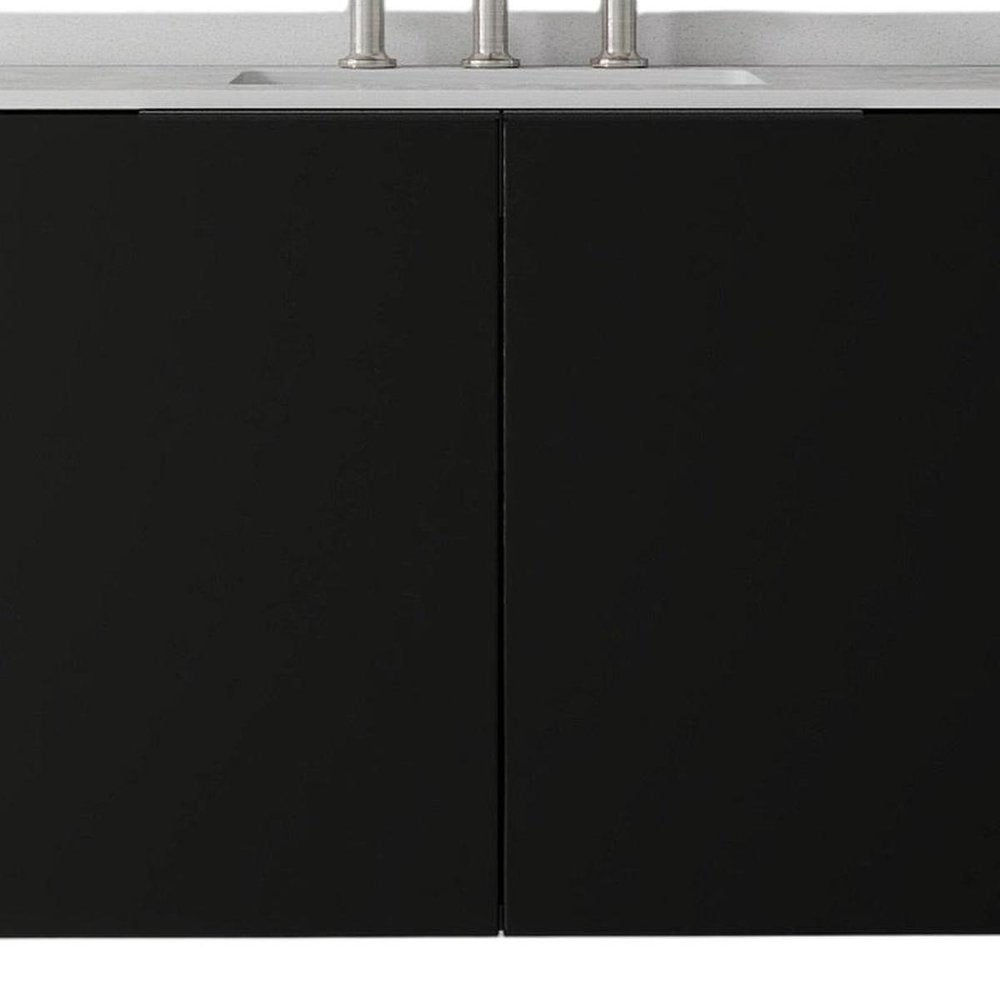 36" Black Wood Floating Double Door Bathroom Vanity With White Sink