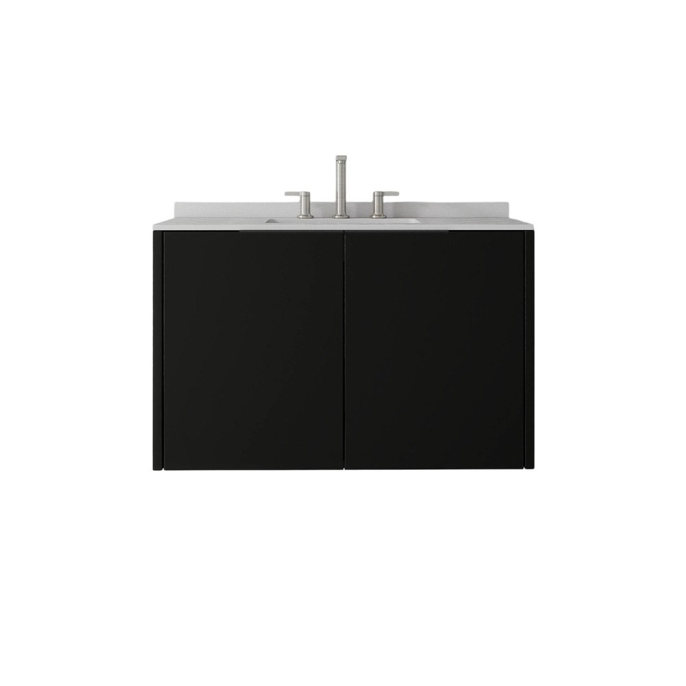 36" Black Wood Floating Double Door Bathroom Vanity With White Sink