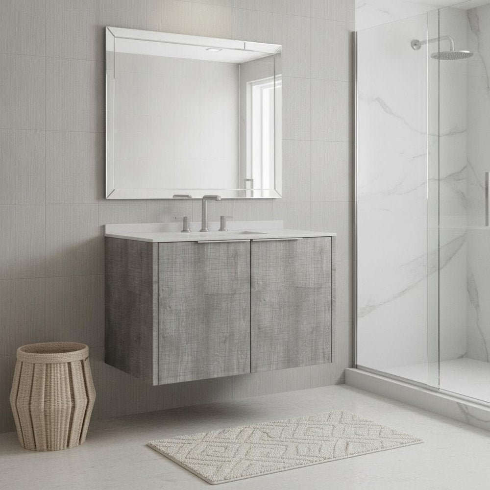 36" Gray Wood Floating Double Door Bathroom Vanity With White Sink