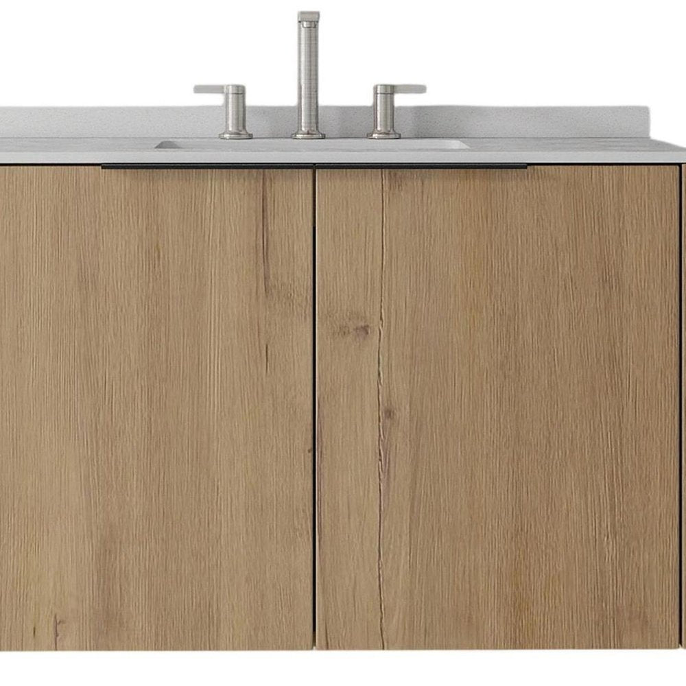 36" Brown Wood Floating Double Door Bathroom Vanity With White Sink