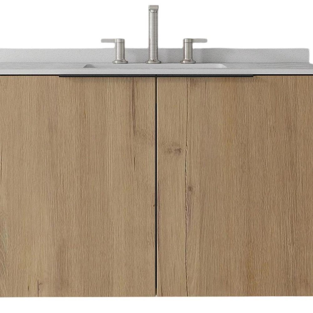 36" Brown Wood Floating Double Door Bathroom Vanity With White Sink
