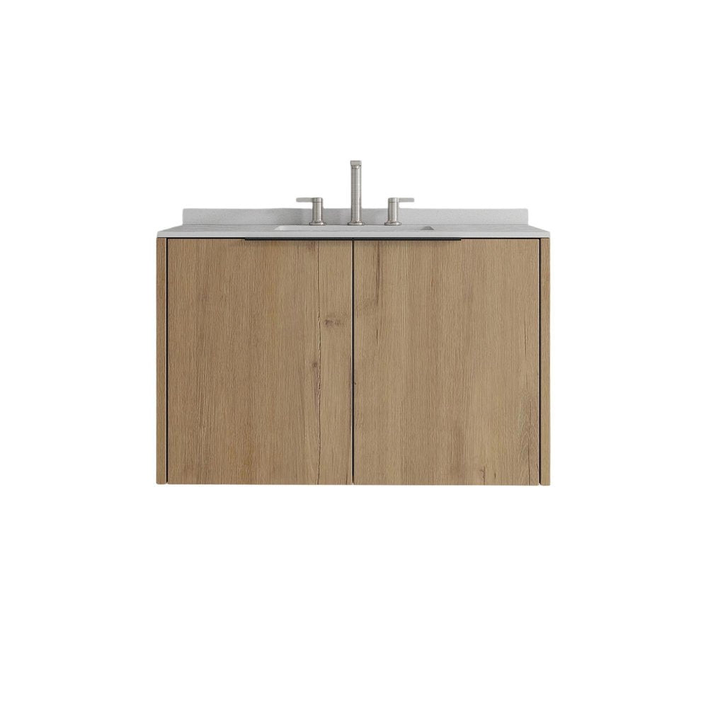 36" Brown Wood Floating Double Door Bathroom Vanity With White Sink