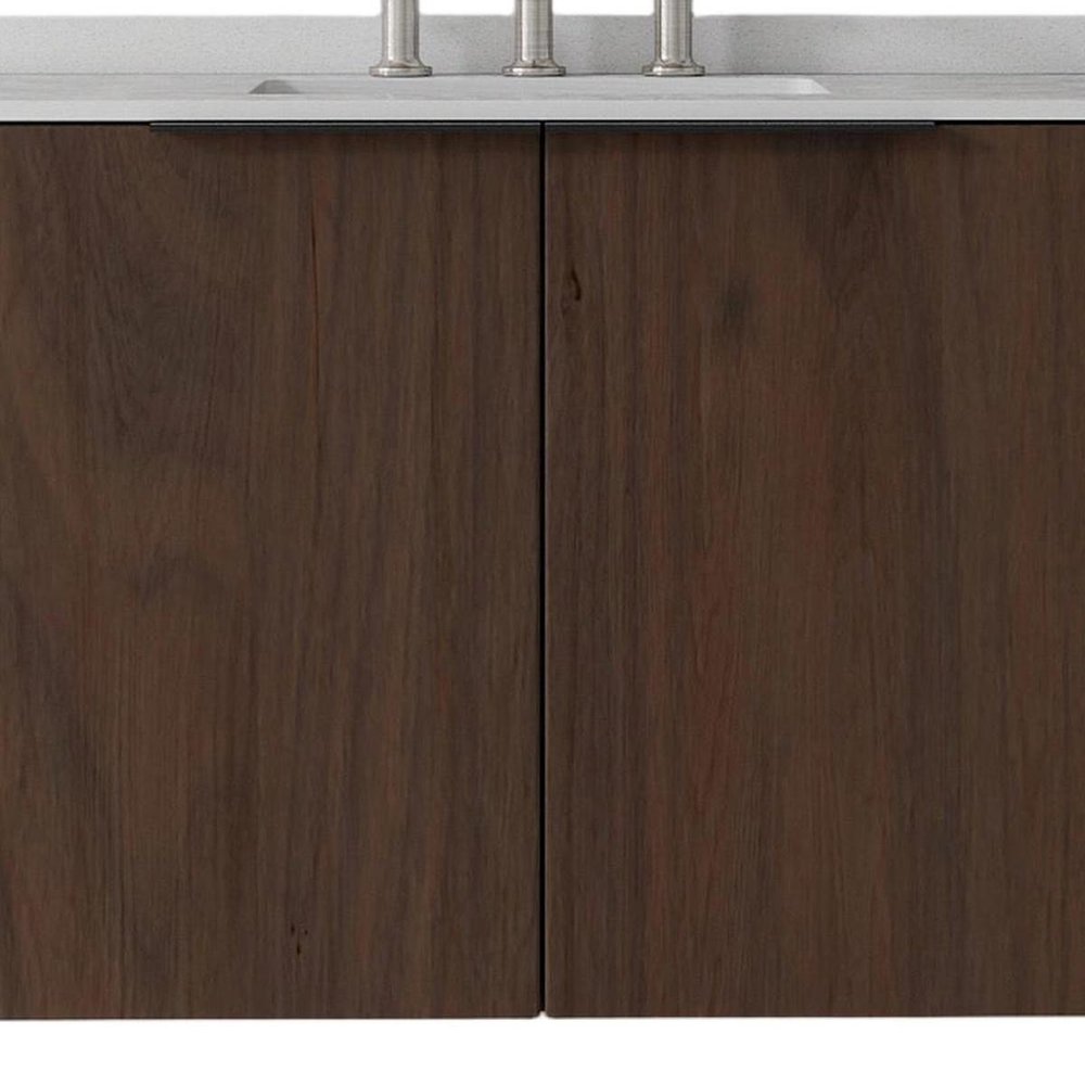 36" Brown Wood Floating Double Door Bathroom Vanity With White Sink
