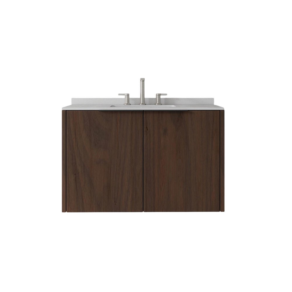 36" Brown Wood Floating Double Door Bathroom Vanity With White Sink