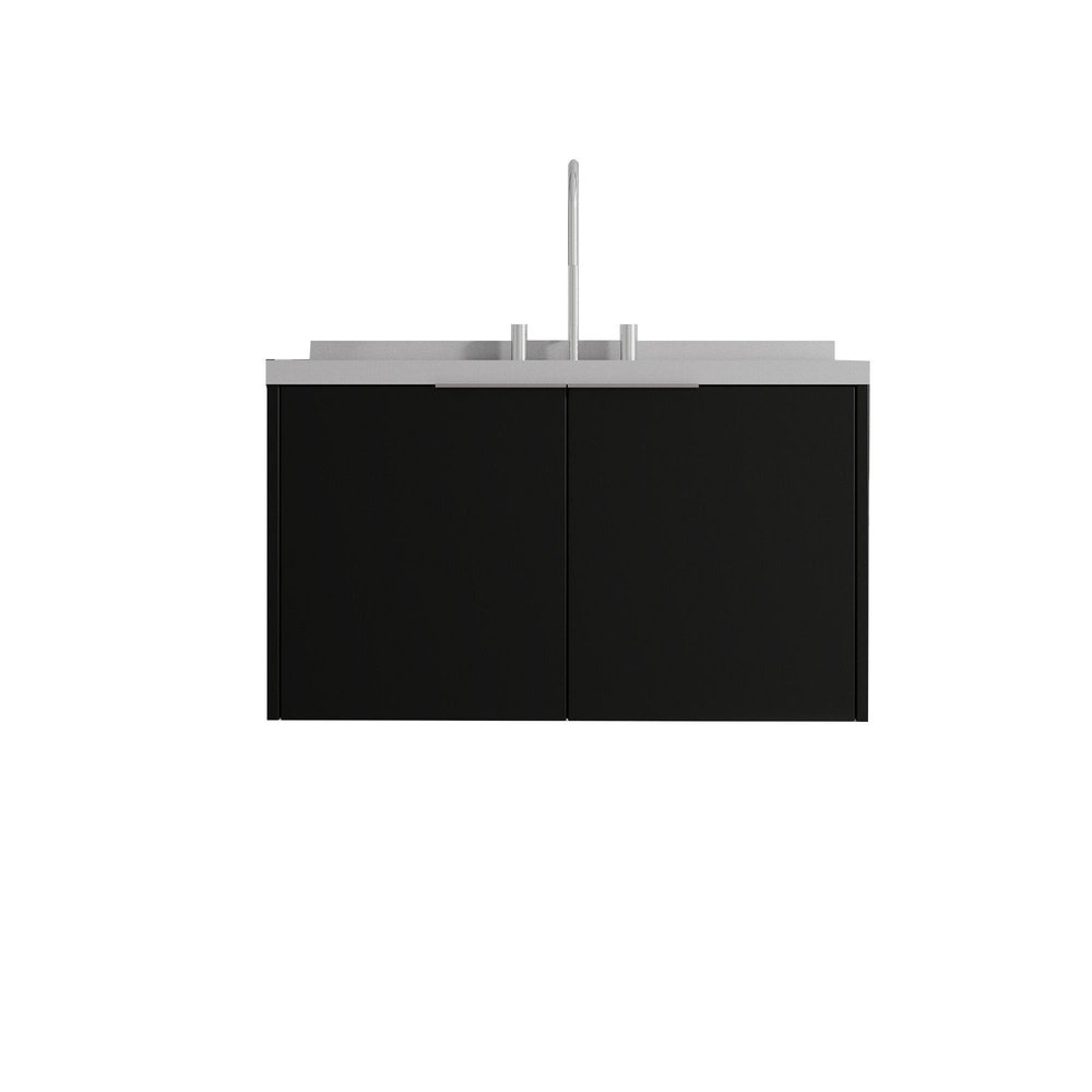 36" Black Wood Floating Double Door Bathroom Vanity With White Sink