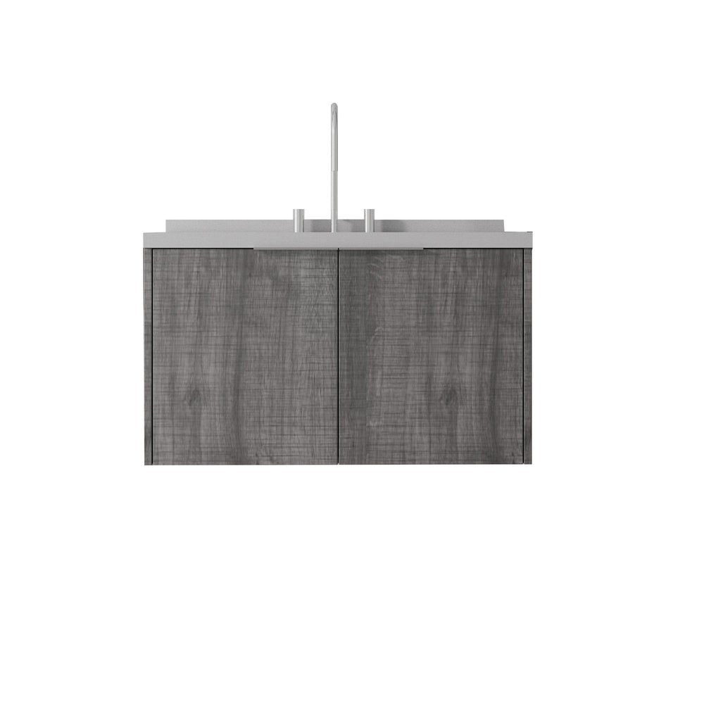 36" Gray Wood Floating Double Door Bathroom Vanity With White Sink