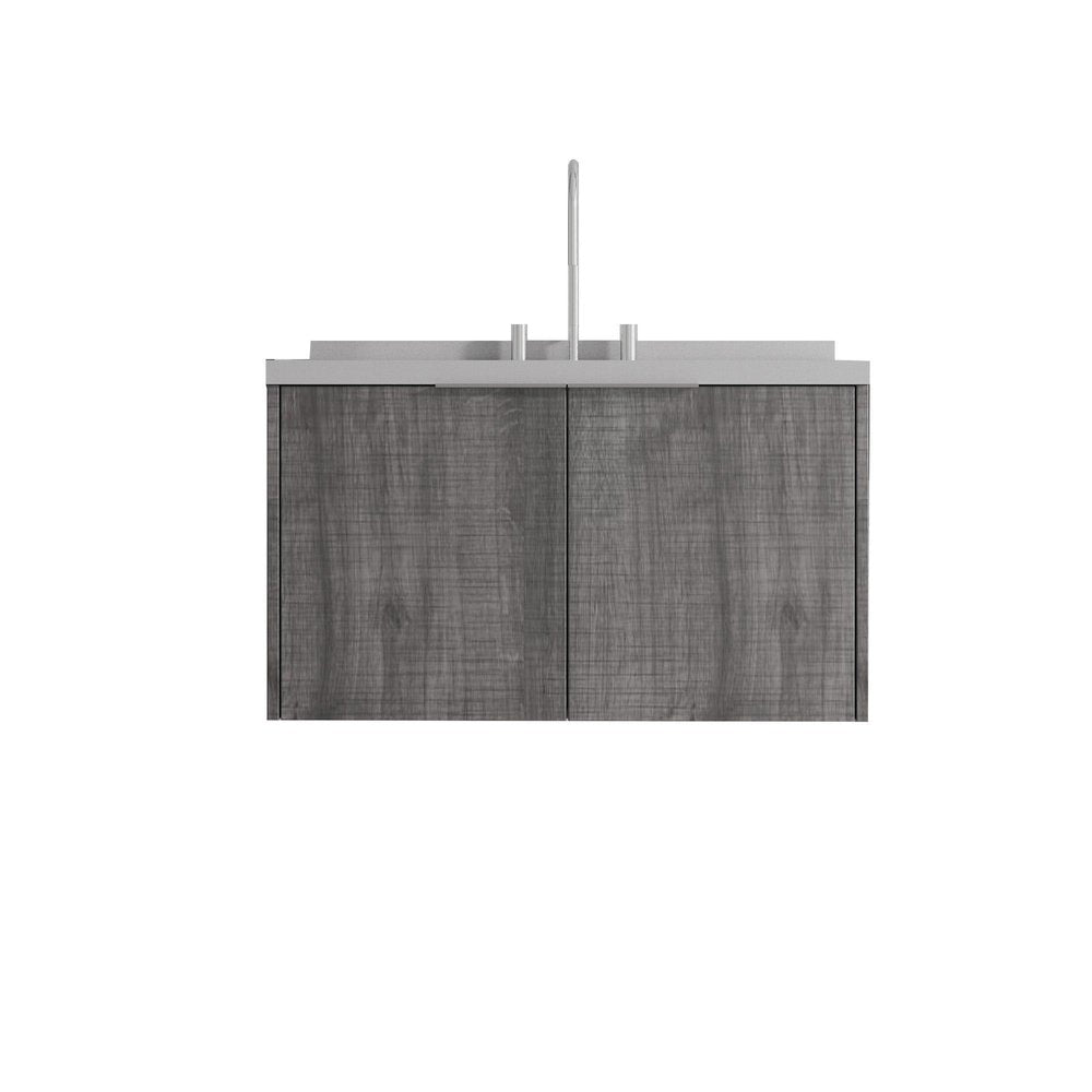 36" Gray Wood Floating Double Door Bathroom Vanity With White Sink