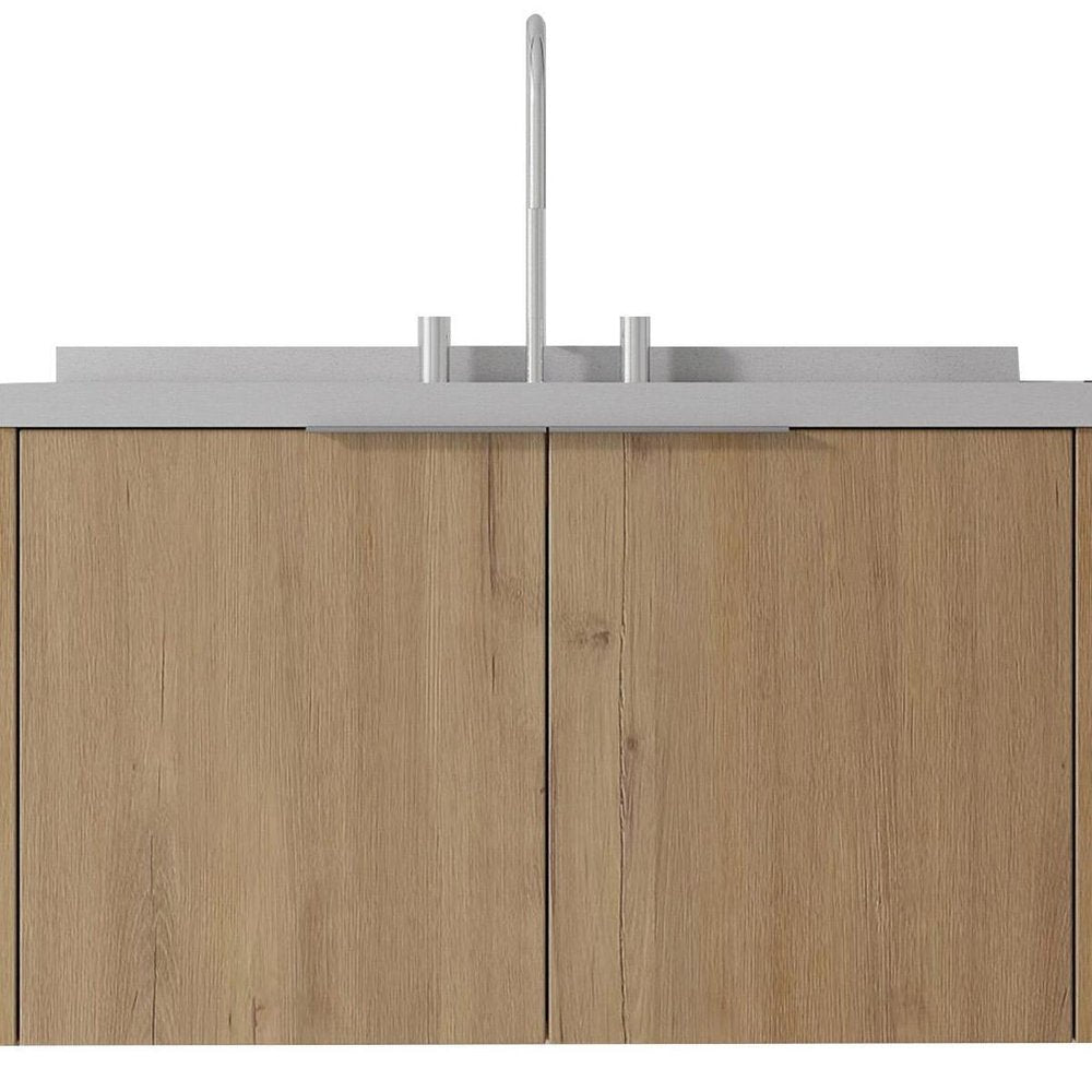 36" Brown Wood Floating Double Door Bathroom Vanity With White Sink