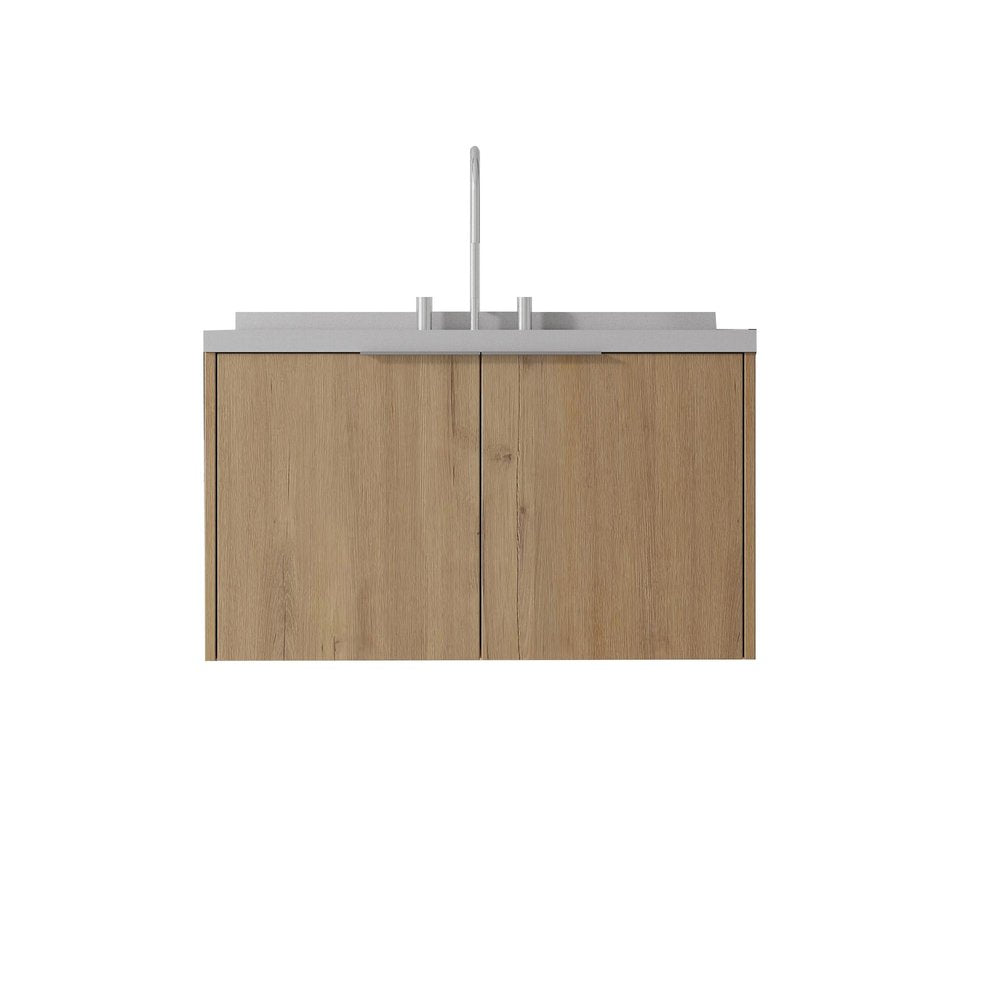 36" Brown Wood Floating Double Door Bathroom Vanity With White Sink