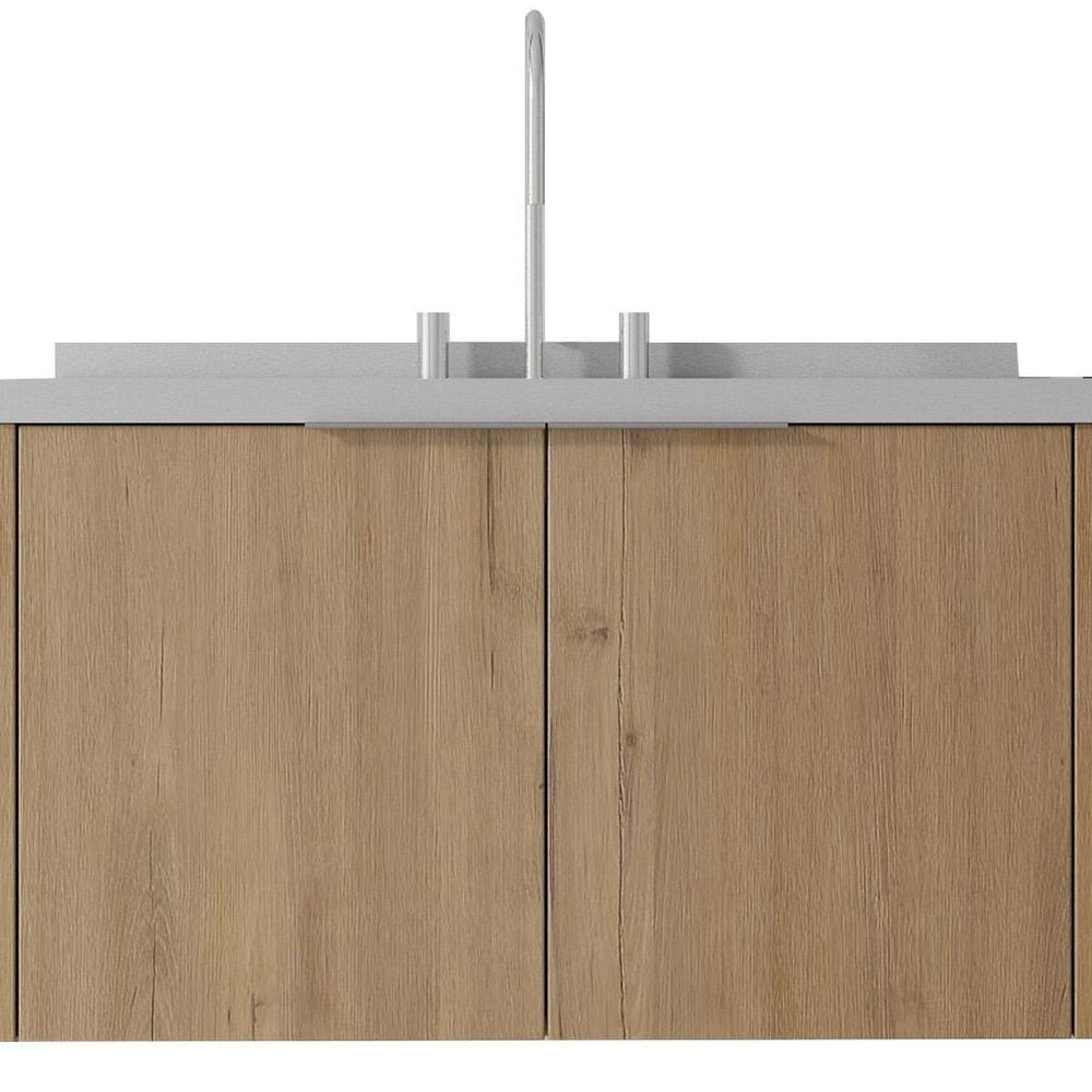 36" Brown Wood Floating Double Door Bathroom Vanity With White Sink