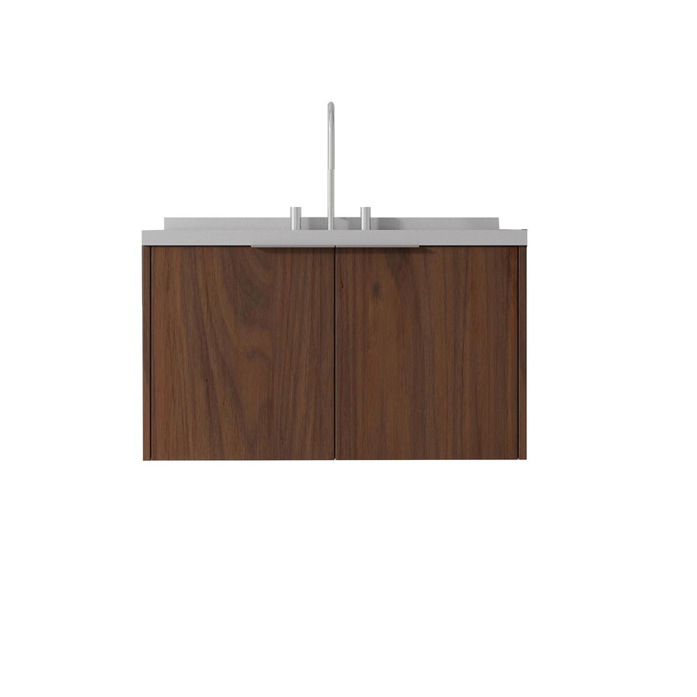 36" Brown Wood Floating Double Door Bathroom Vanity With White Sink