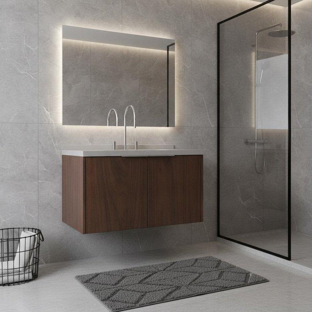 36" Brown Wood Floating Double Door Bathroom Vanity With White Sink