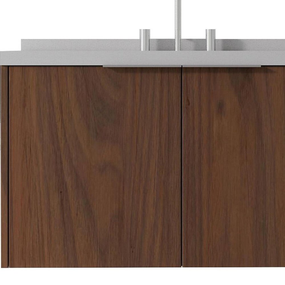 36" Brown Wood Floating Double Door Bathroom Vanity With White Sink