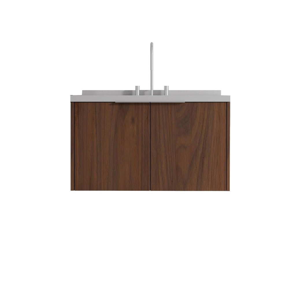 36" Brown Wood Floating Double Door Bathroom Vanity With White Sink