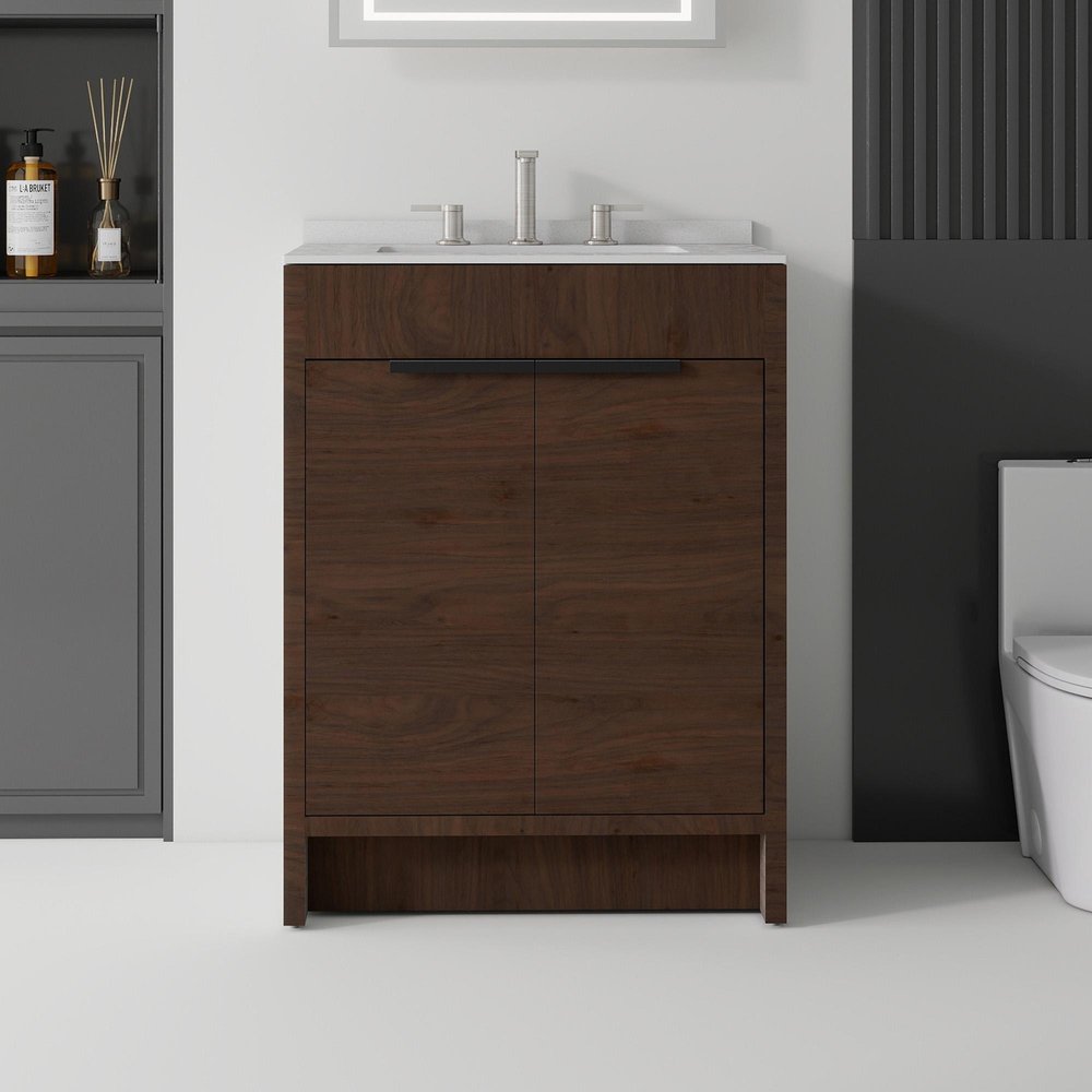 24" Brown Wood Freestanding Double Door Bathroom Vanity With White Sink