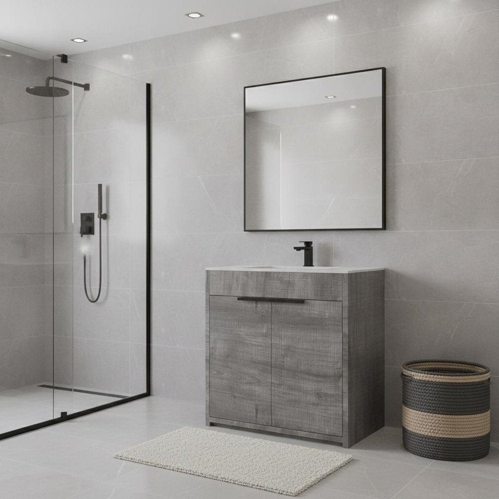 30" Gray Wood Freestanding Double Door Bathroom Vanity With White Sink