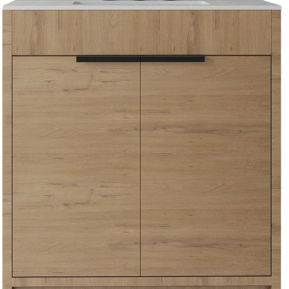 30" Brown Wood Freestanding Double Door Bathroom Vanity With White Sink