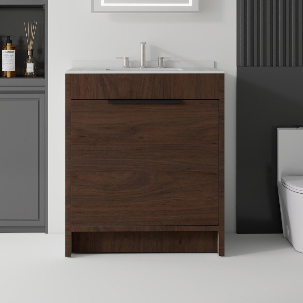 30" Brown Wood Freestanding Double Door Bathroom Vanity With White Sink