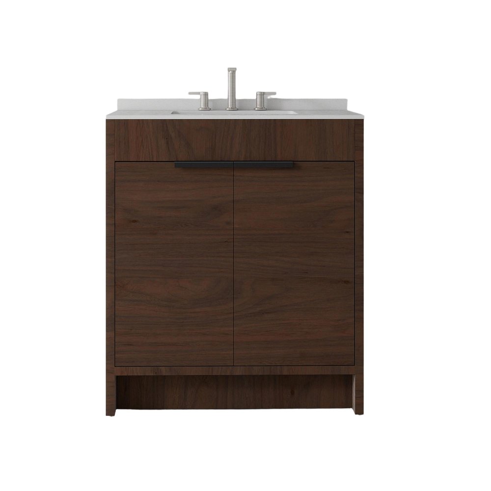 30" Brown Wood Freestanding Double Door Bathroom Vanity With White Sink