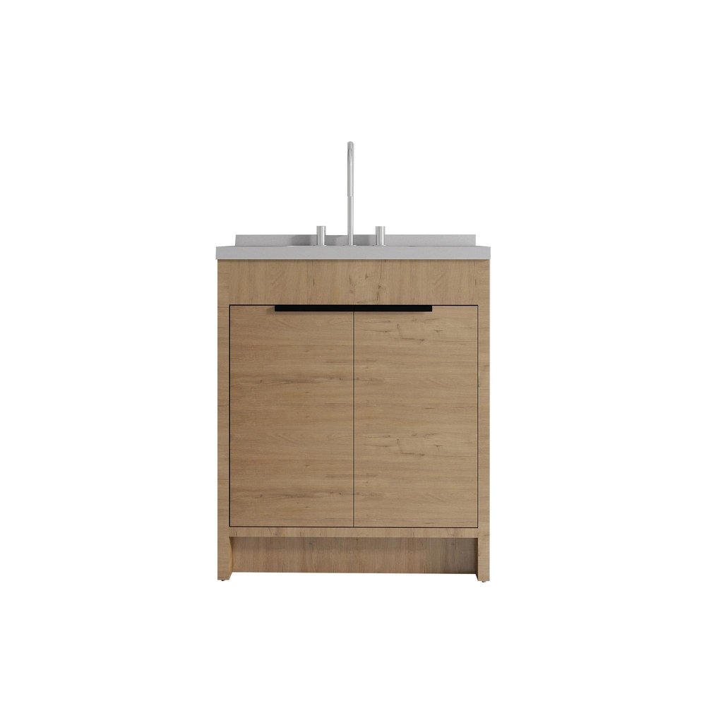 30" Brown Wood Freestanding Double Door Bathroom Vanity With White Sink