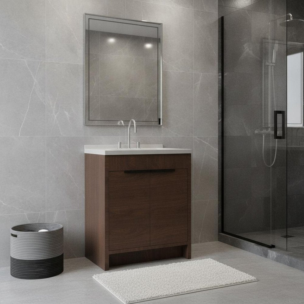 30" Brown Wood Freestanding Double Door Bathroom Vanity With White Sink