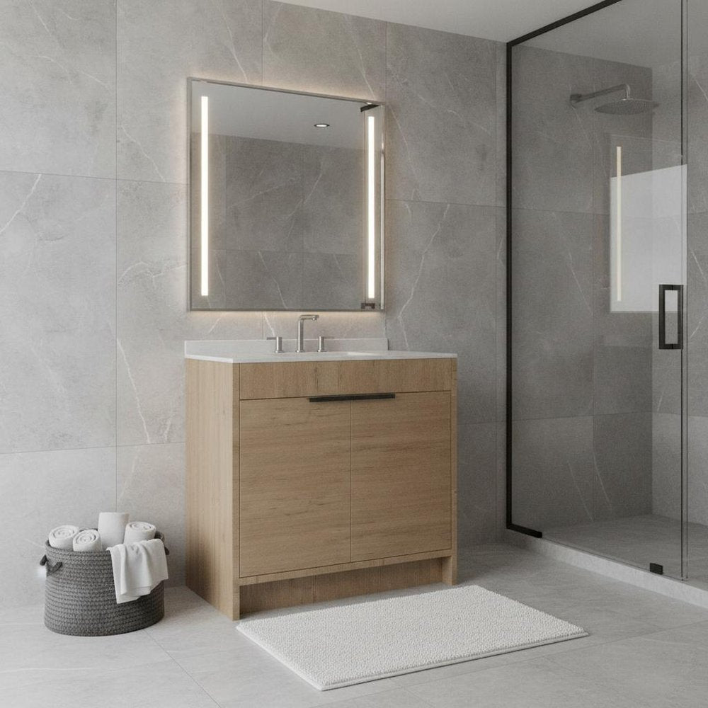 36" Brown Wood Freestanding Double Door Bathroom Vanity With White Sink
