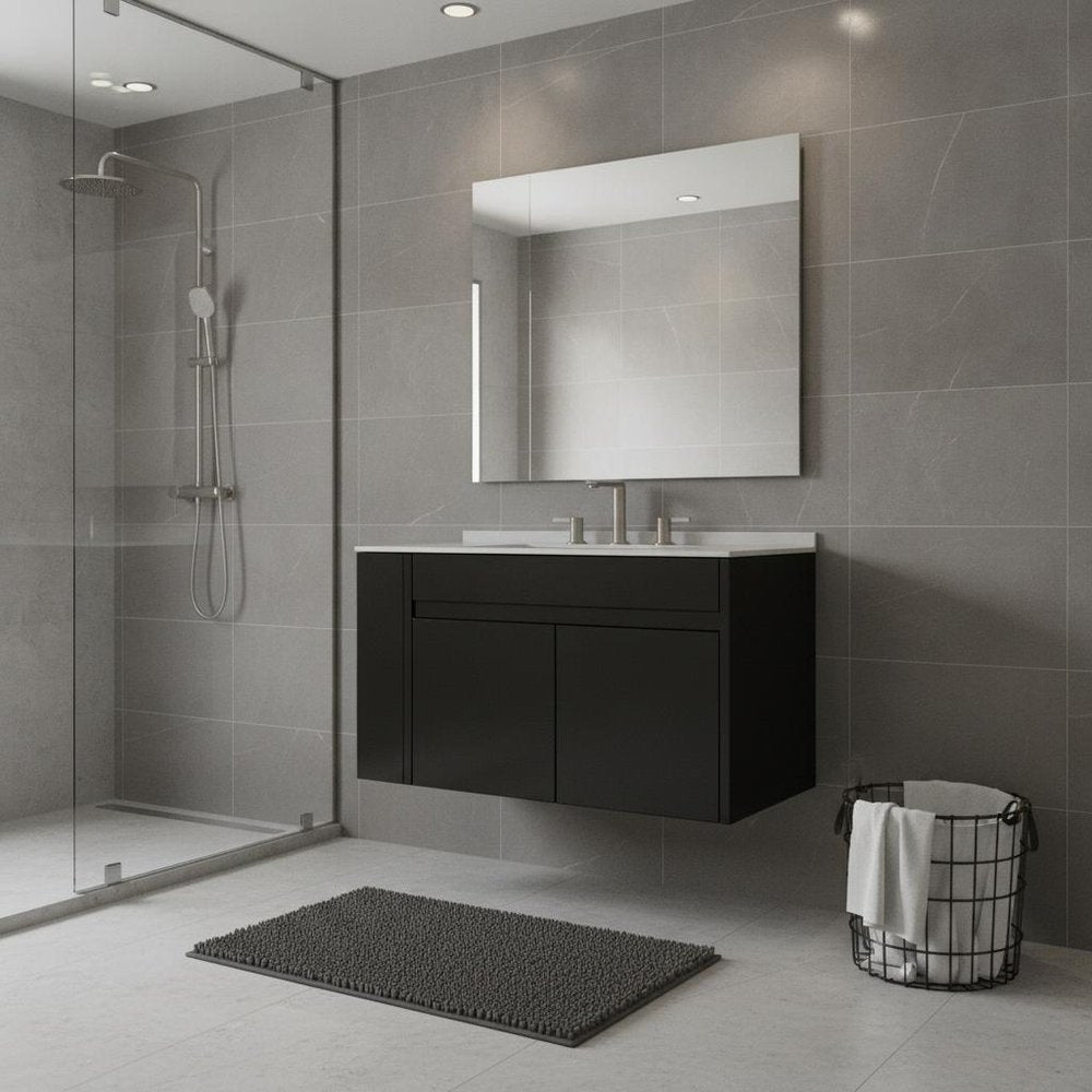 30" Black Wood Floating Double Door Bathroom Vanity With White Sink