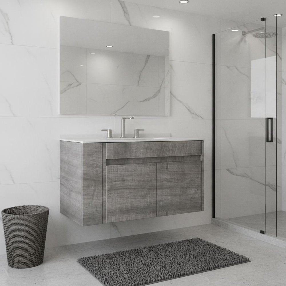 30" Gray Wood Floating Double Door Bathroom Vanity With White Sink