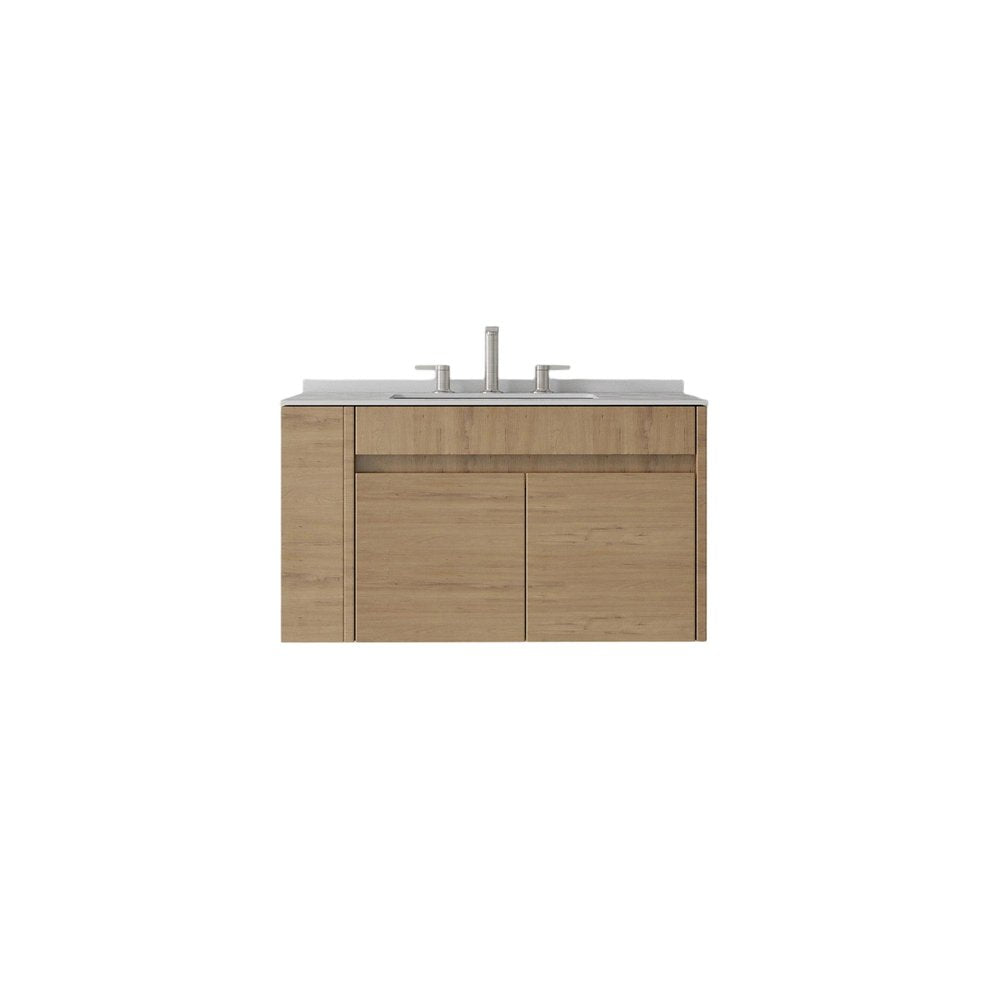 30" Brown Wood Floating Double Door Bathroom Vanity With White Sink