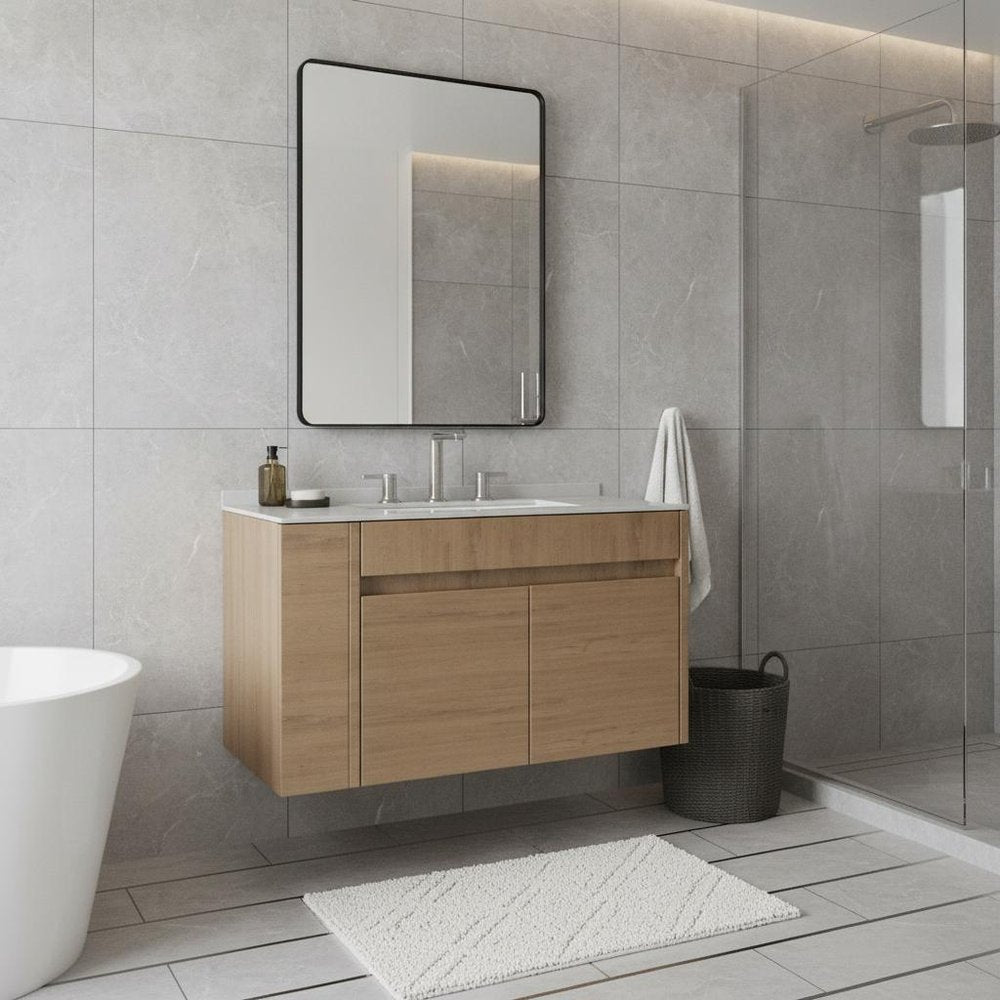 30" Brown Wood Floating Double Door Bathroom Vanity With White Sink