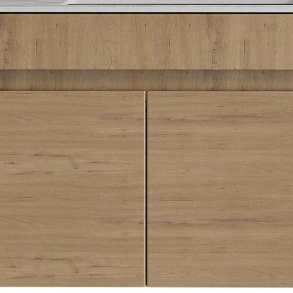 30" Brown Wood Floating Double Door Bathroom Vanity With White Sink