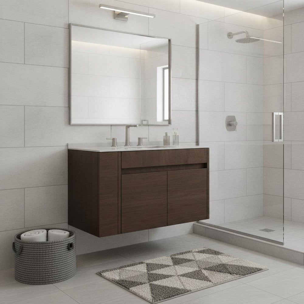30" Brown Wood Floating Double Door Bathroom Vanity With White Sink