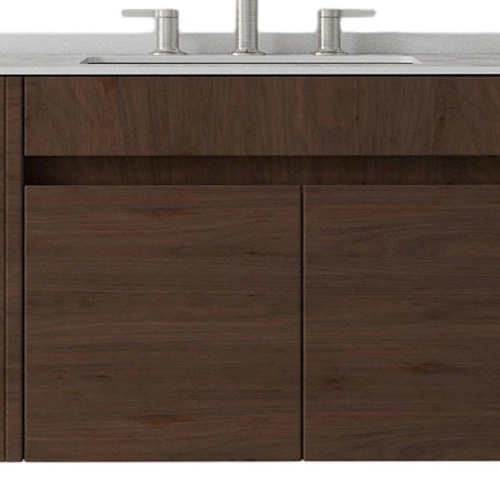 30" Brown Wood Floating Double Door Bathroom Vanity With White Sink