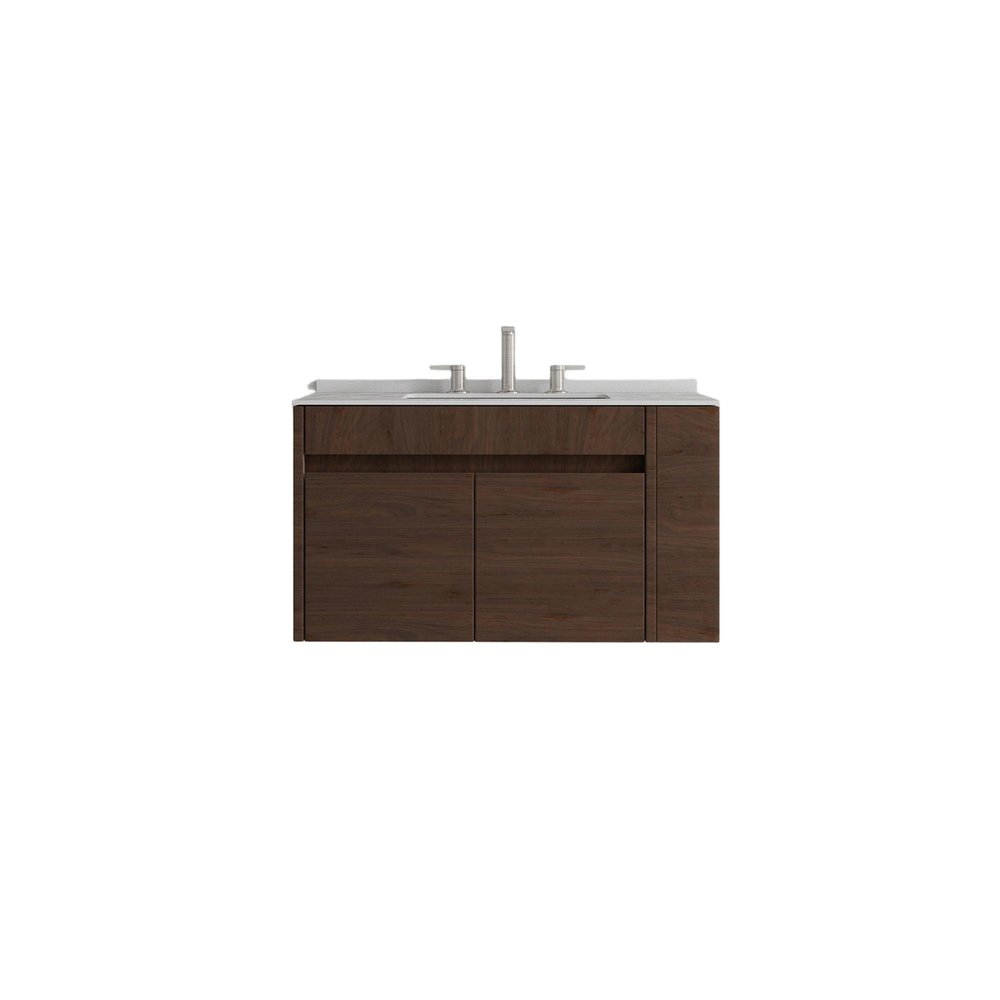 30" Brown Wood Floating Double Door Bathroom Vanity With White Sink