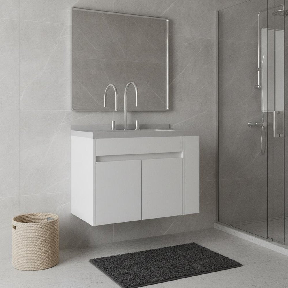 30" White Wood Floating Double Door Bathroom Vanity With Sink
