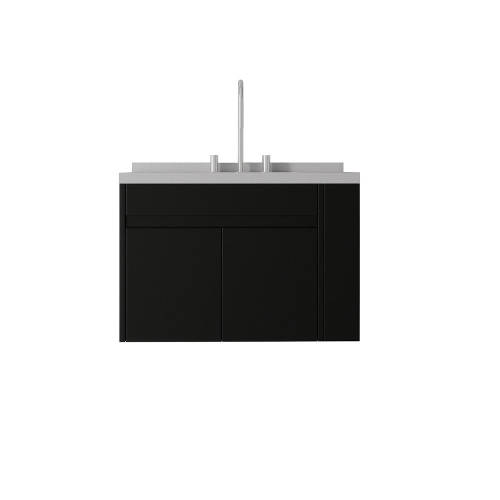 30" Black Wood Floating Double Door Bathroom Vanity With White Sink