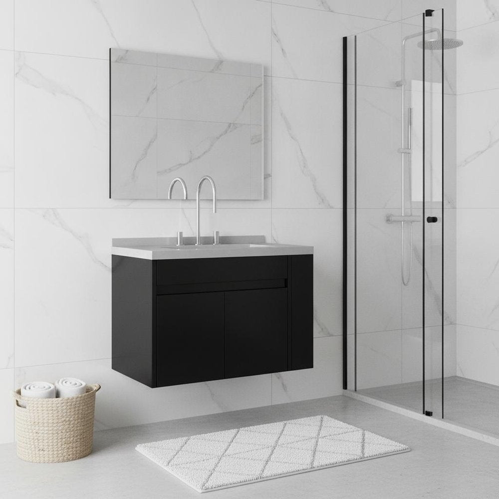 30" Black Wood Floating Double Door Bathroom Vanity With White Sink