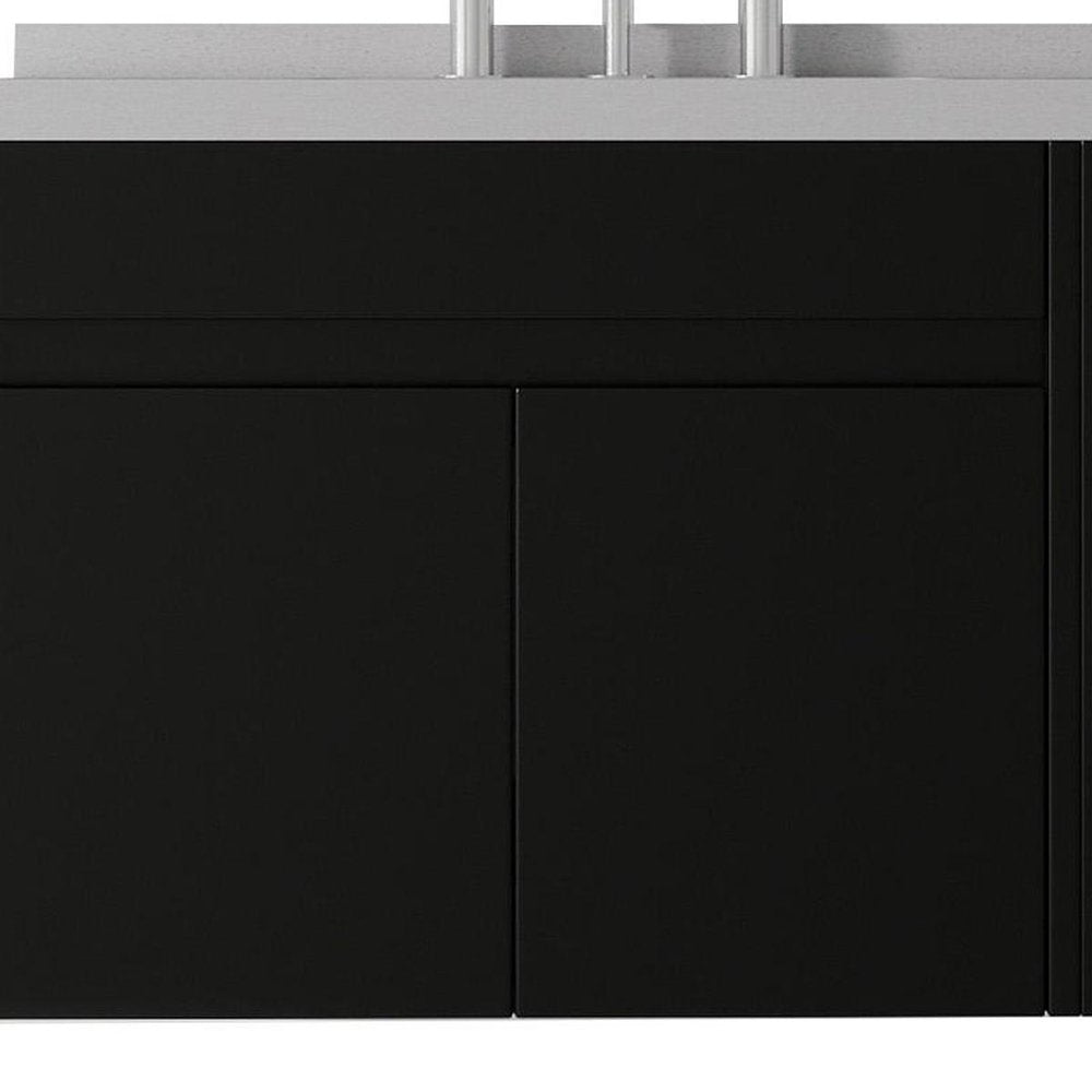 30" Black Wood Floating Double Door Bathroom Vanity With White Sink