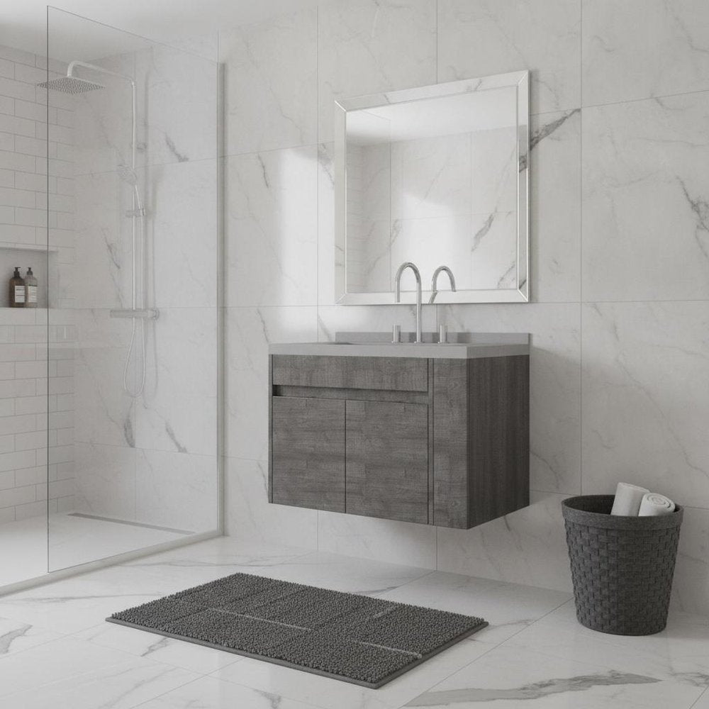 30" Gray Wood Floating Double Door Bathroom Vanity With White Sink