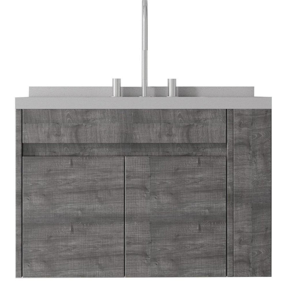 30" Gray Wood Floating Double Door Bathroom Vanity With White Sink