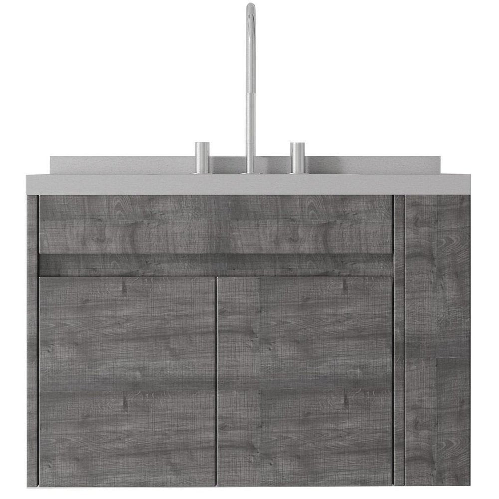 30" Gray Wood Floating Double Door Bathroom Vanity With White Sink