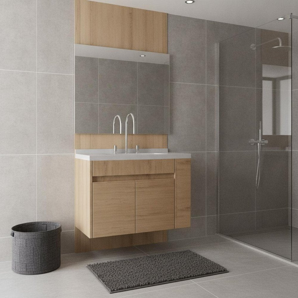 30" Brown Wood Floating Double Door Bathroom Vanity With White Sink