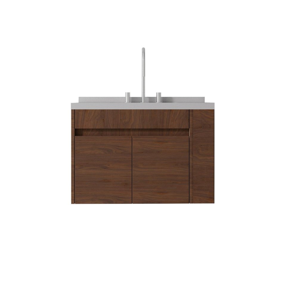 30" Brown Wood Floating Double Door Bathroom Vanity With White Sink
